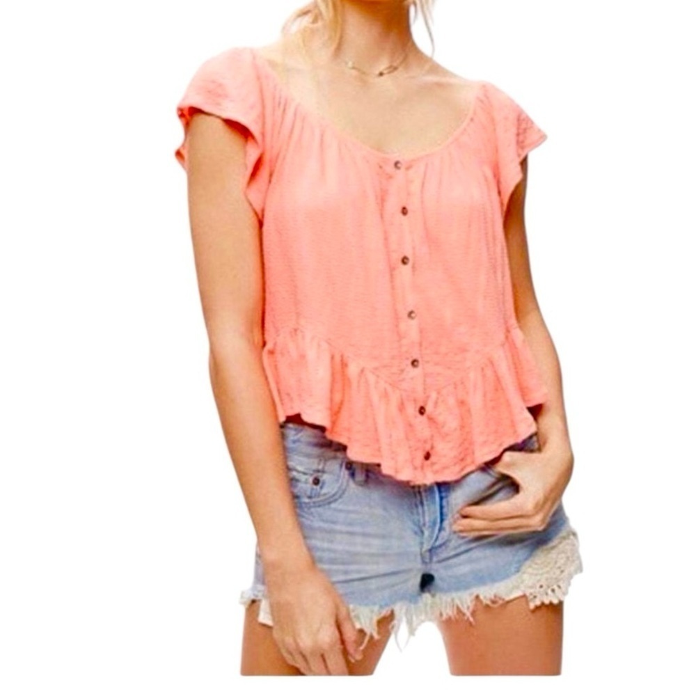 WE THE FREE Julep Cotton Modal Thermal Top Blouse Size Large In Coral Pink